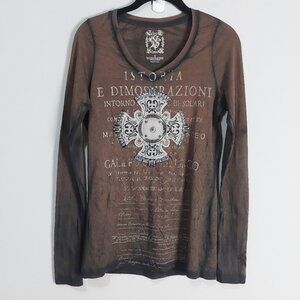 Y2K Velvet Stone Graphic Gothic Grunge Studded Long Sleeves Tee Small Vneck
